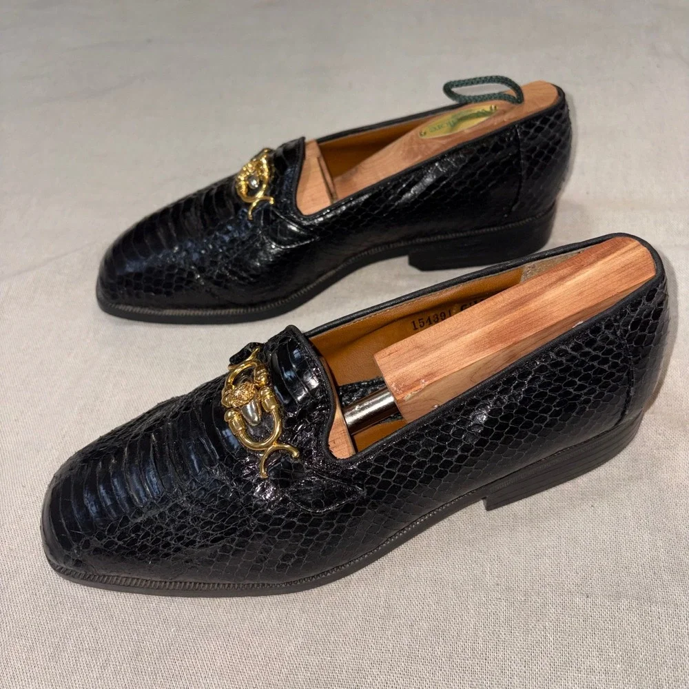 Giorgio Brutini Mens 6.5 Black Genuine Snake Skin Lion‎ Head Bit Loafers Vintage